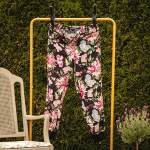 Express Black and Pink Floral Joggers, Size Large